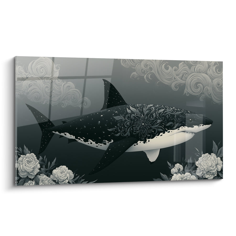 Tableau Requin noir orné de fleurs blanches - Grâce abyssale - Edition Requin