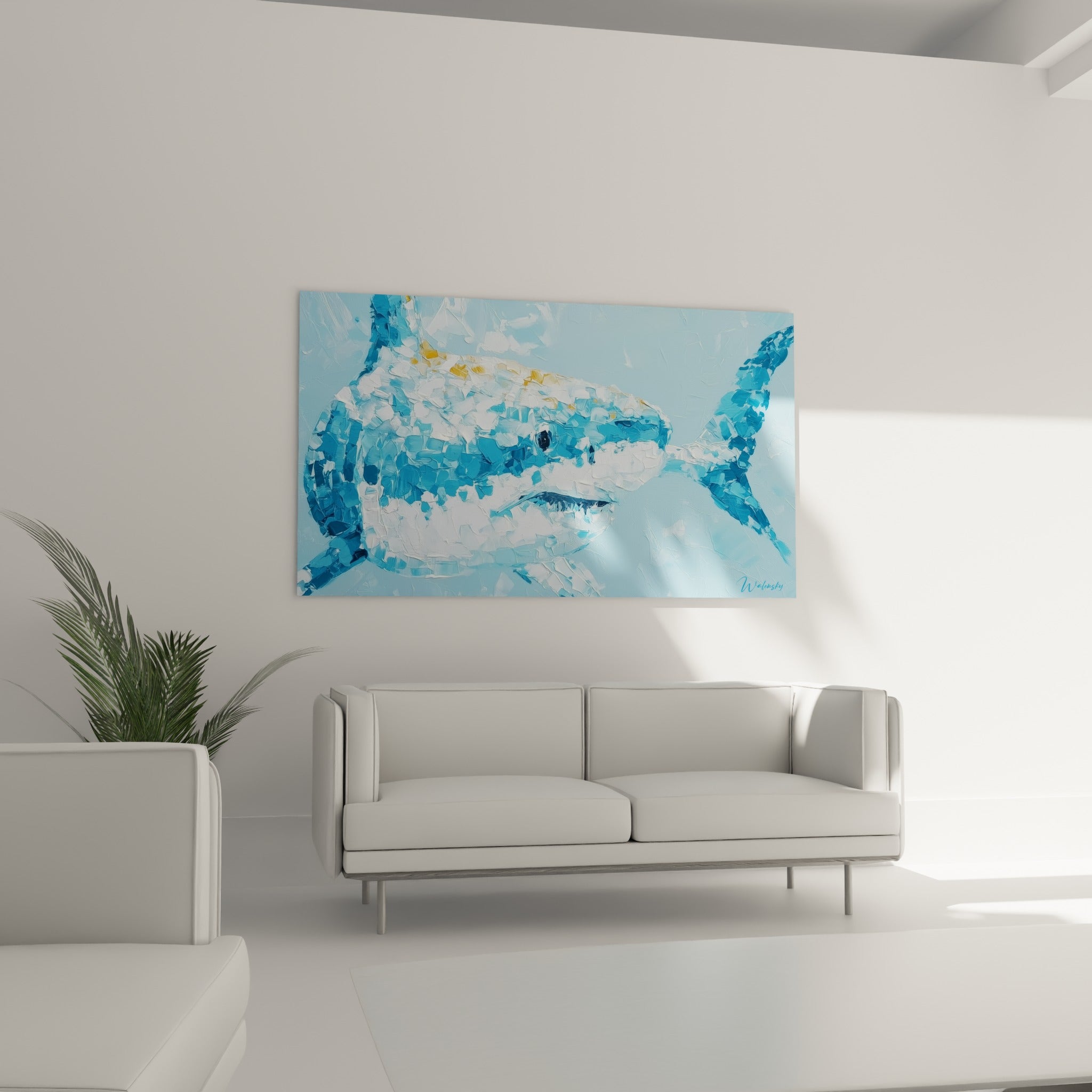 Requin turquoise et anthracite en pleine nage, empâtements marqués, au-dessus d'un canapé dans un salon lumineux
