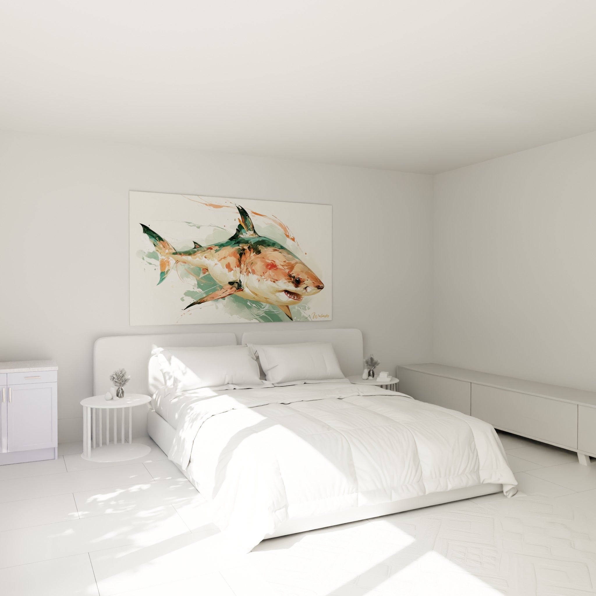 Requin aux teintes corail et anthracite, nageoires déployées, au-dessus d'un lit dans une chambre claire