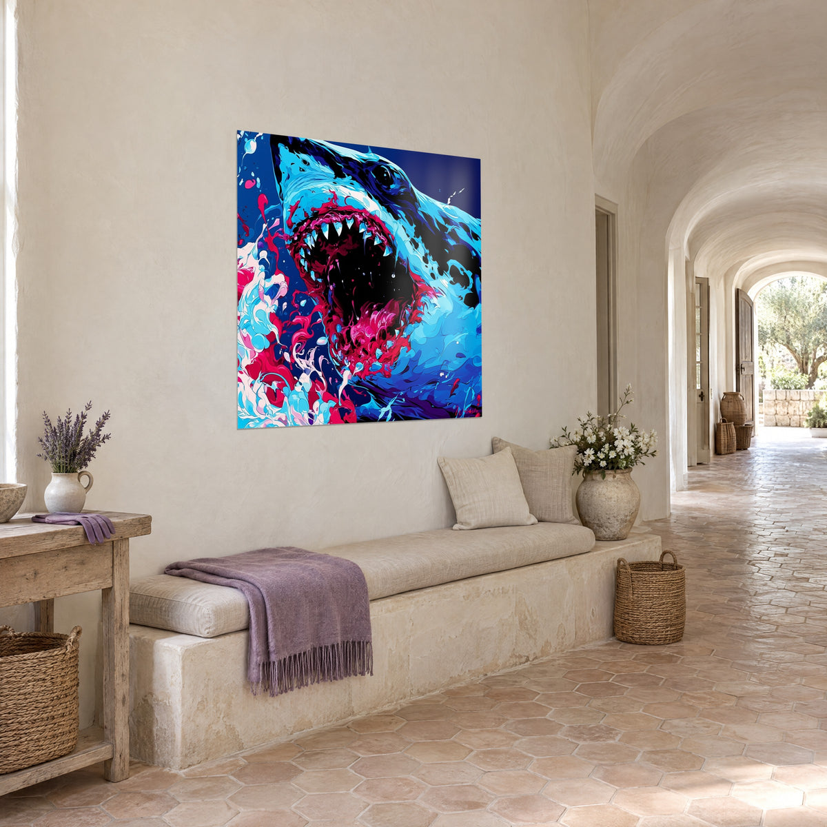 Wall art sharp-toothed shark, carmine jaw splashed with turquoise and white, hung in an arched corridor of pale stone