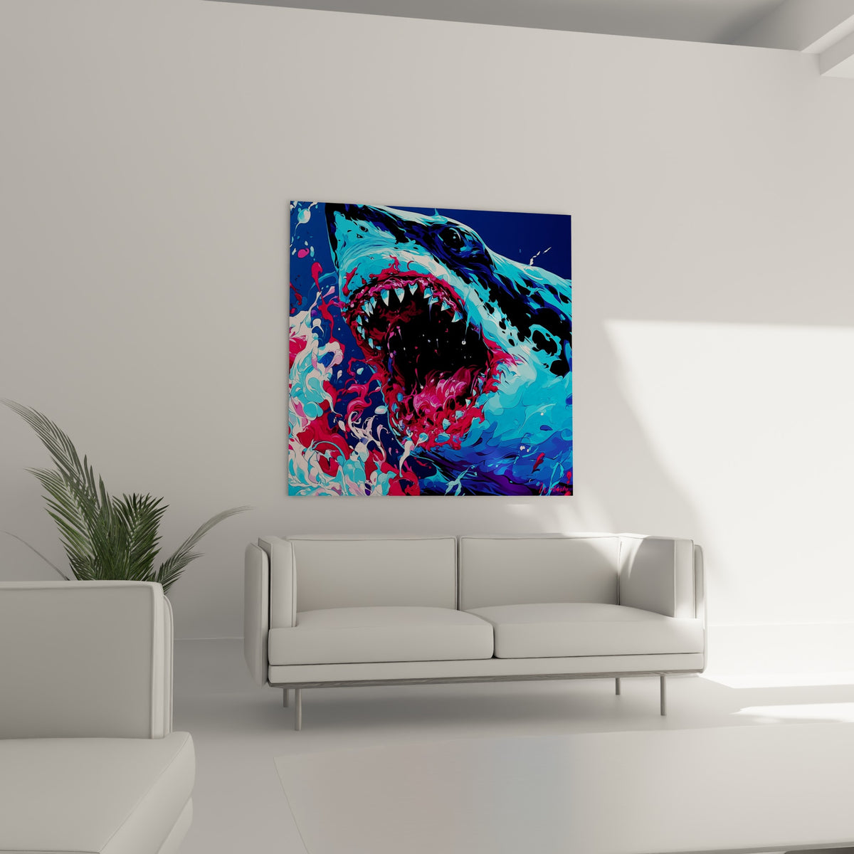 Requin fuchsia et bleu anthracite mâchoire ouverte au-dessus d'un canapé dans un salon lumineux