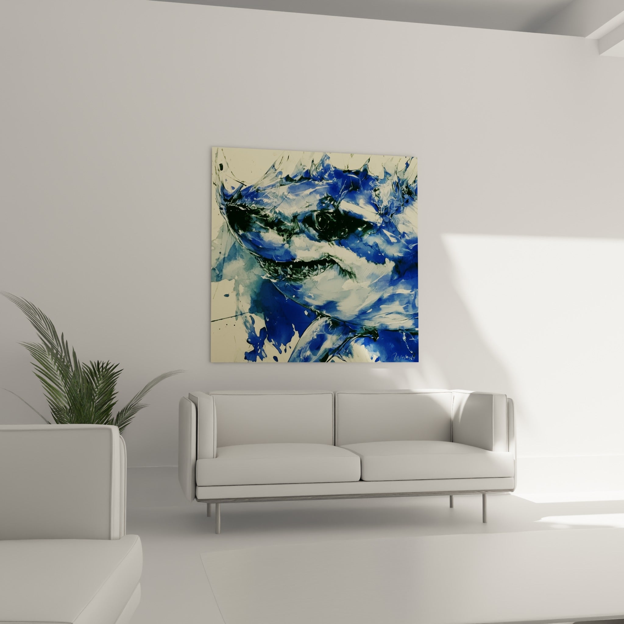 Regard perçant du requin en bleu marine et anthracite, coulures encrées, au-dessus d'un canapé dans un salon lumineux