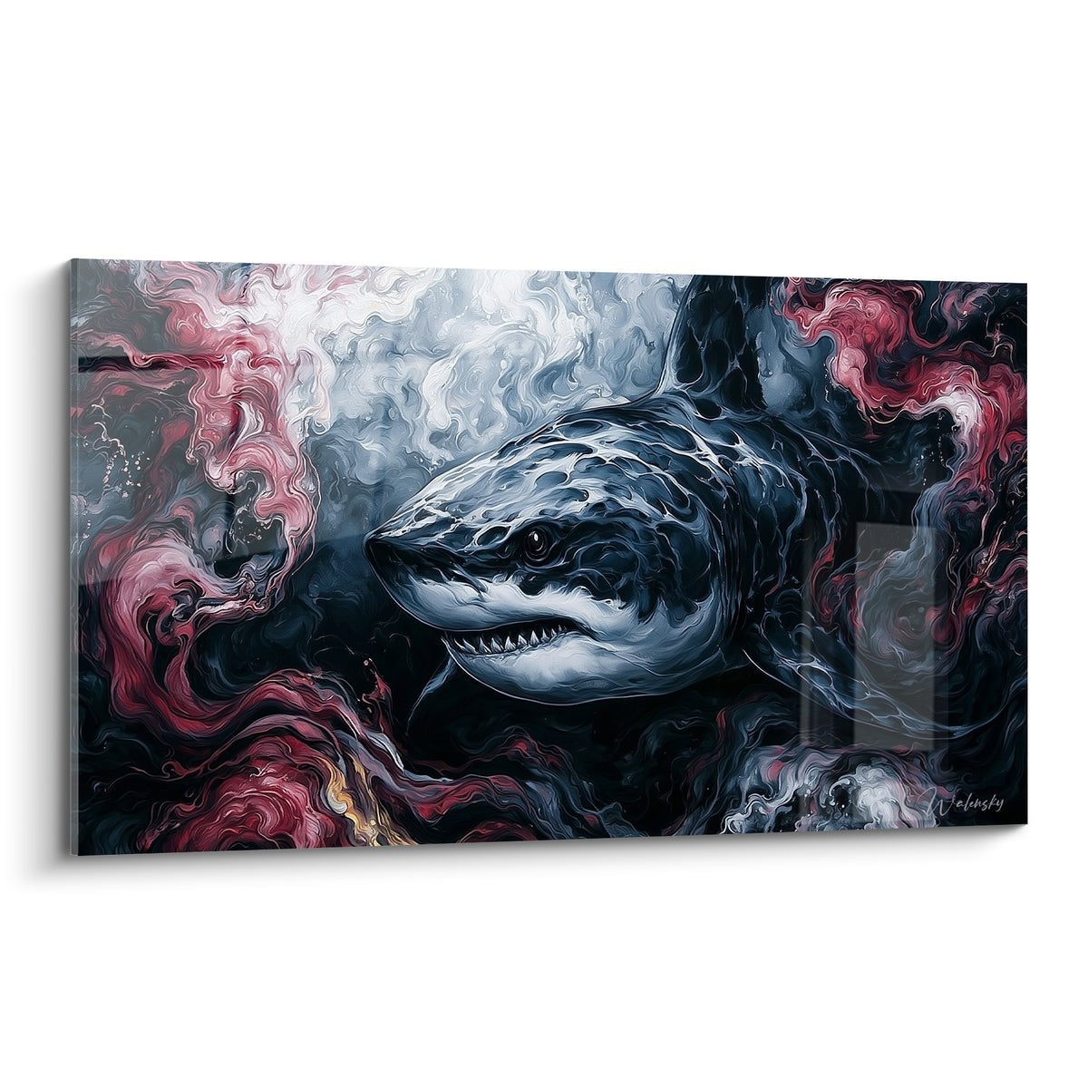 Requin anthracite aux volutes rouge sang, dents visibles, fond fumé blanc et gris