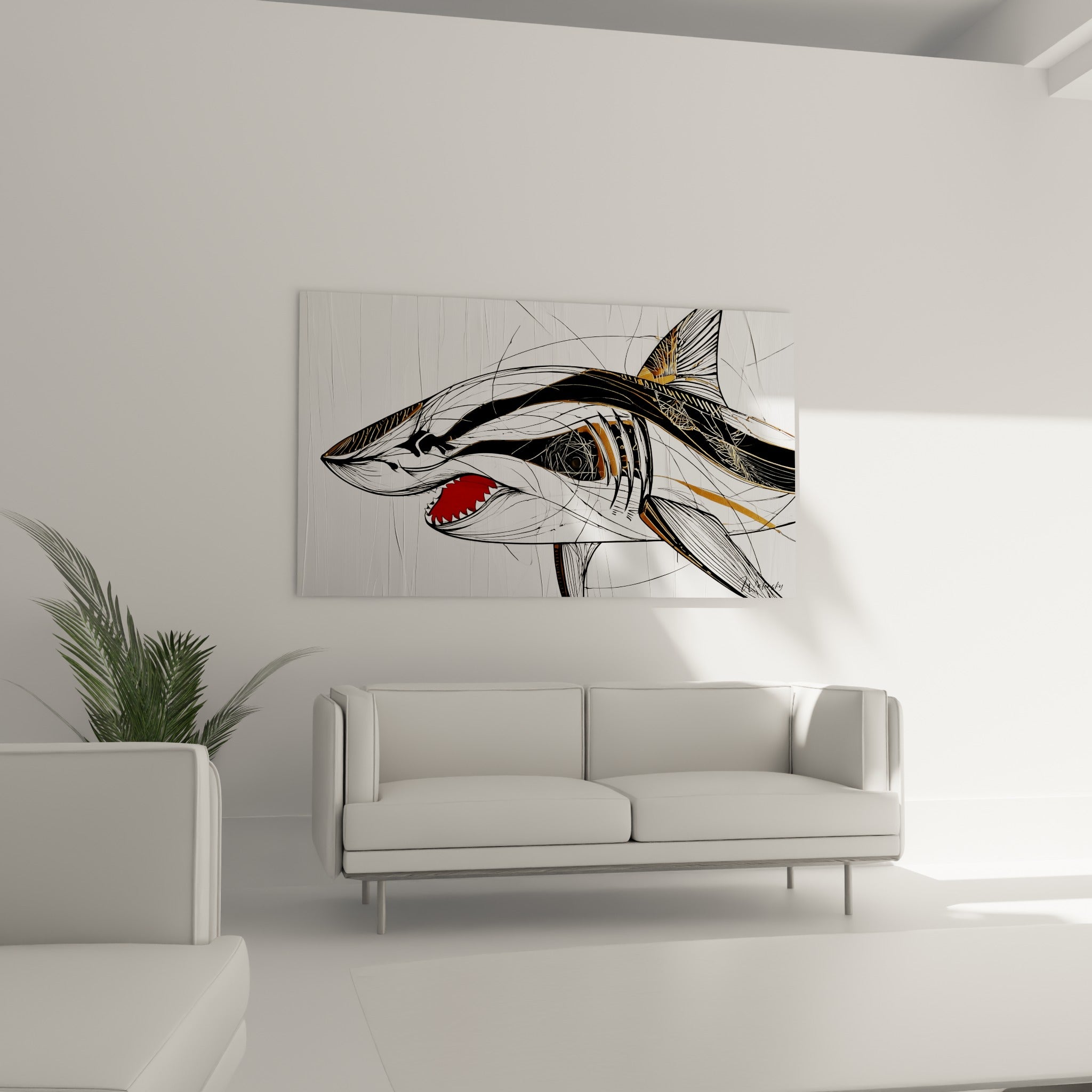 Requin stylisé anthracite et doré, dents visibles, disposé au-dessus d'un canapé dans un salon lumineux