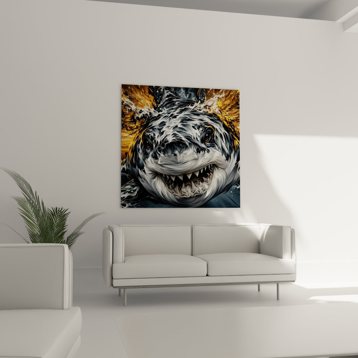 Requin bleu marine et gris à la mâchoire béante placé au-dessus d'un canapé dans un salon lumineux