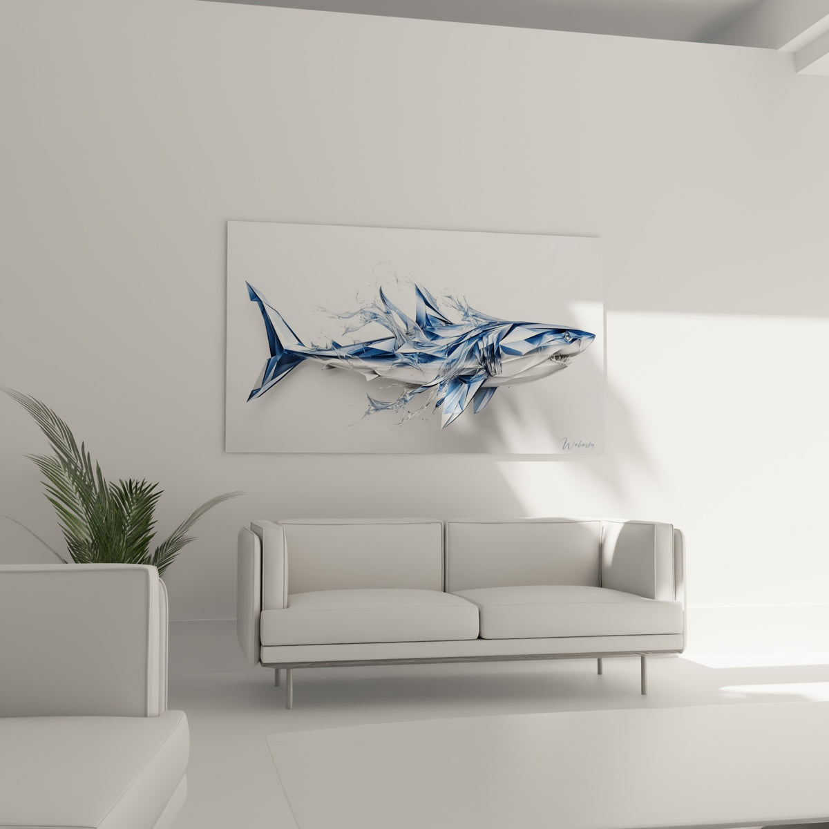 Requin géométrique blanc et anthracite disposé au-dessus d'un canapé dans un salon lumineux