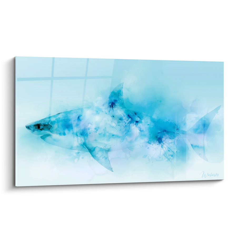Tableau Requin turquoise en aquarelle éclaboussée - Dérive silencieuse - Edition Requin