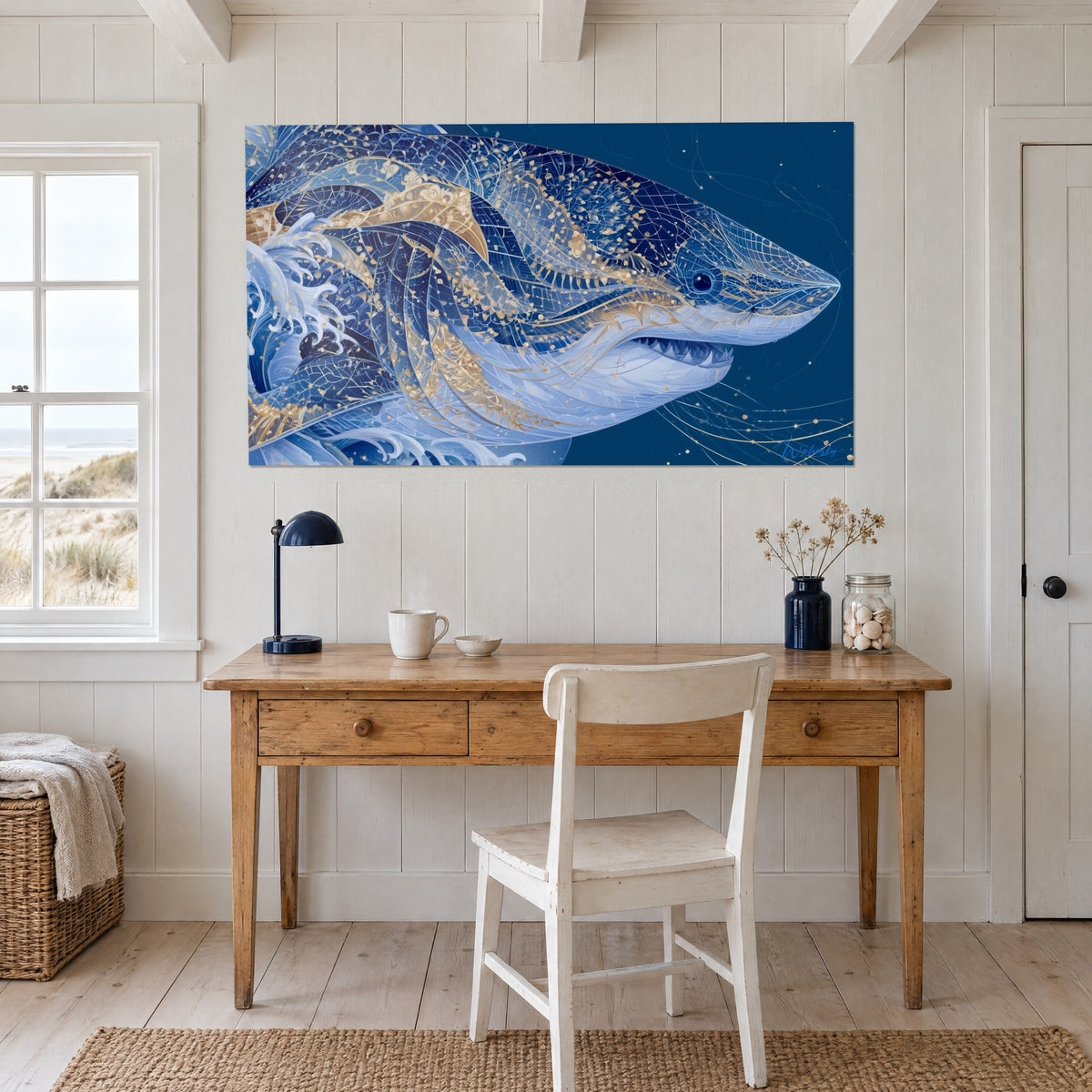 Wall art shark with ivory and royal blue arabesques, pointed snout, row of teeth, hung above a light wood desk