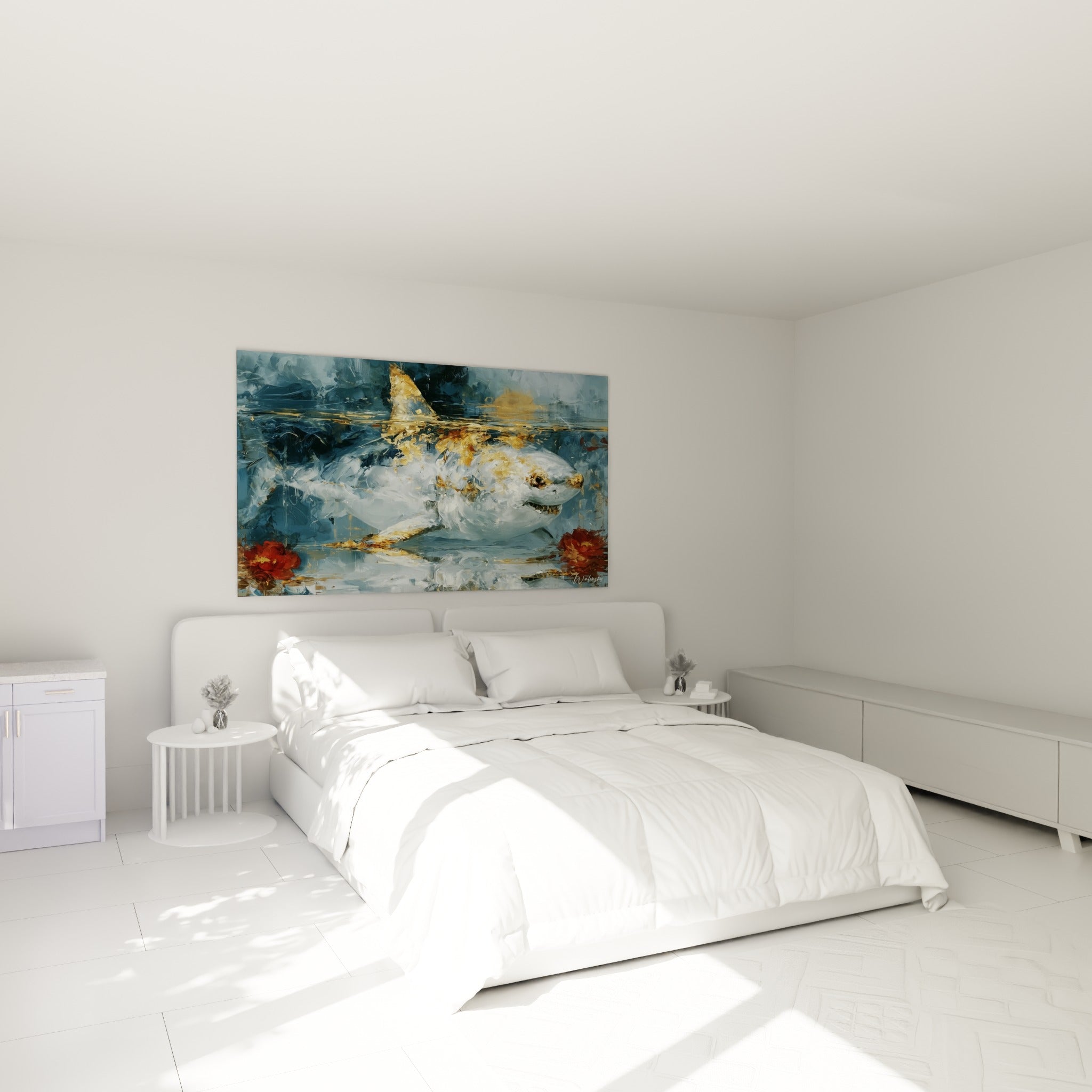 Silhouette de requin doré et bleu ardoise accrochée au-dessus d'un lit dans une chambre claire