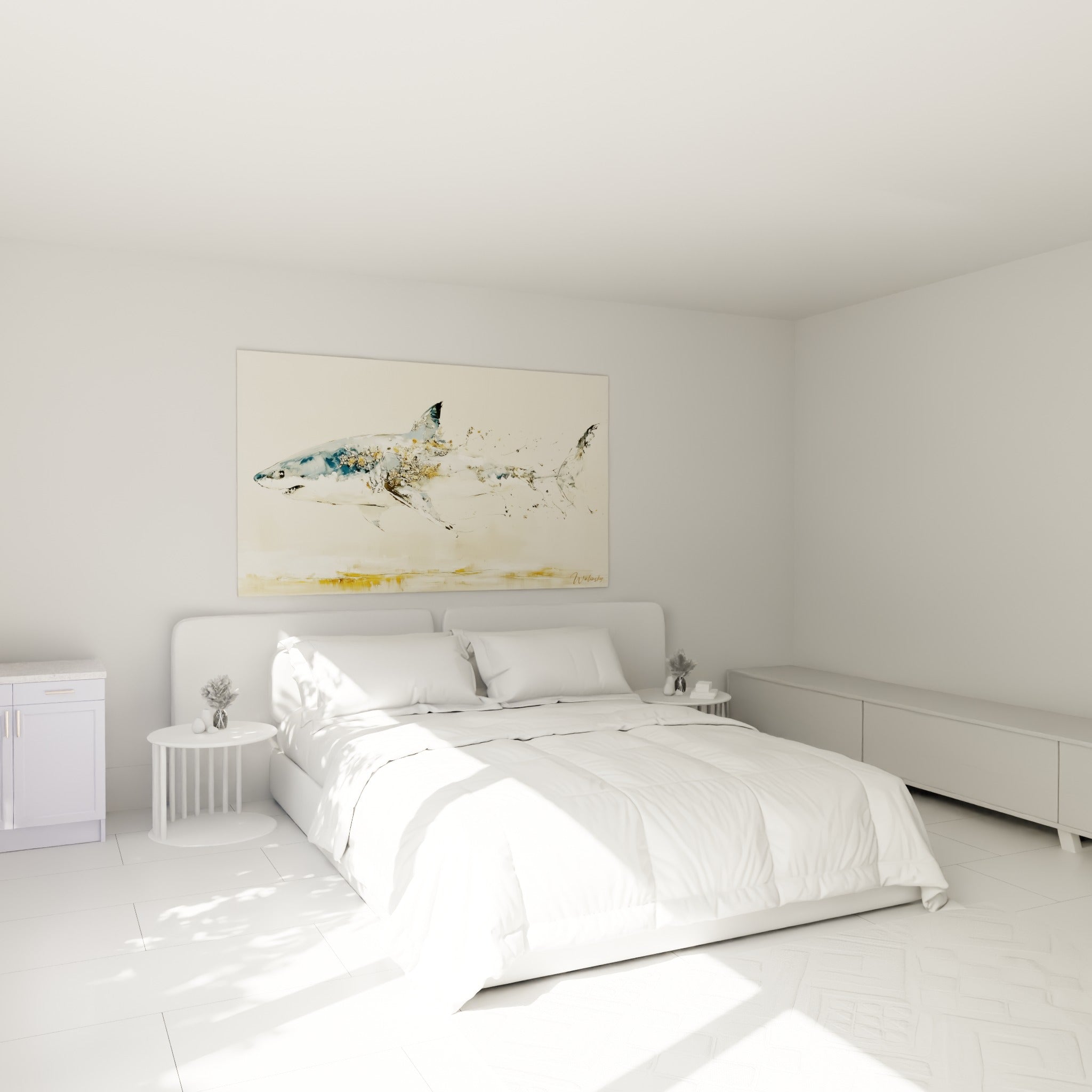 Silhouette de requin bleu et doré aux éclats dorés, accrochée au-dessus d'un lit dans une chambre claire