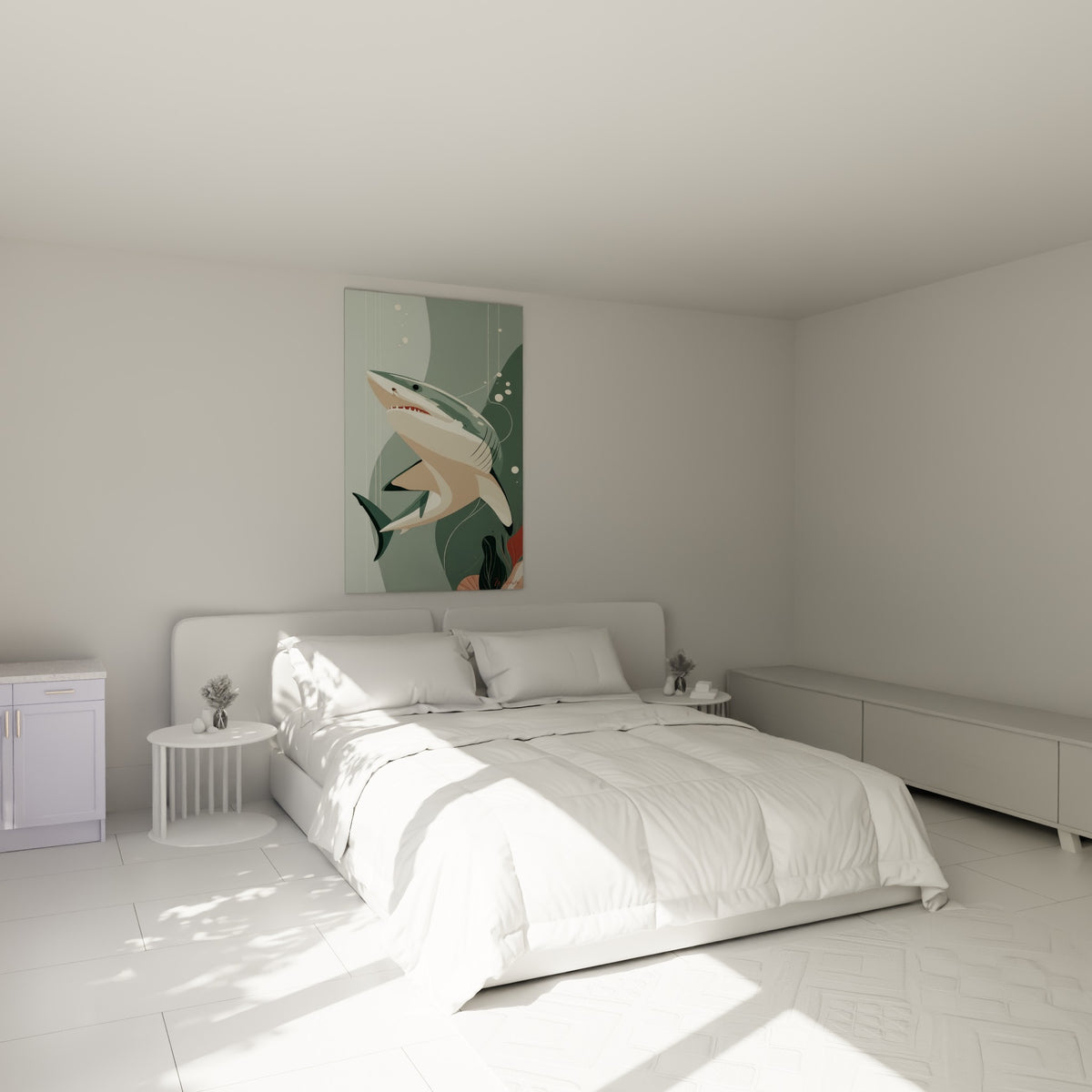 Requin corail et vert sauge en pleine ascension, au-dessus d'un lit dans une chambre claire
