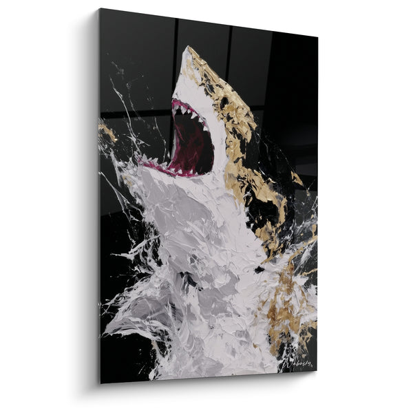 Tableau Requin blanc et doré aux éclaboussures acérées - Gueule pourpre béante - Edition Requin