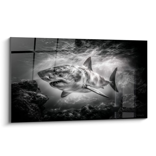 Tableau Requin gris et blanc parmi les rochers - Clarté sous-marine argentée - Edition Requin