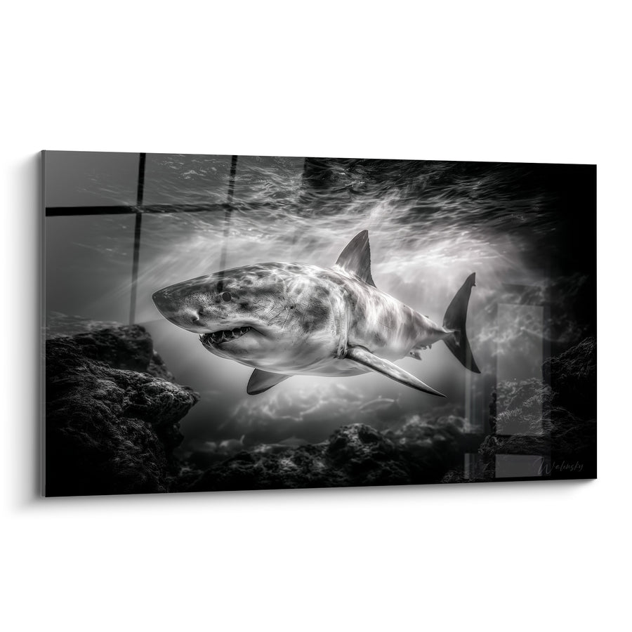 Tableau Requin gris et blanc parmi les rochers - Clarté sous-marine argentée - Edition Requin