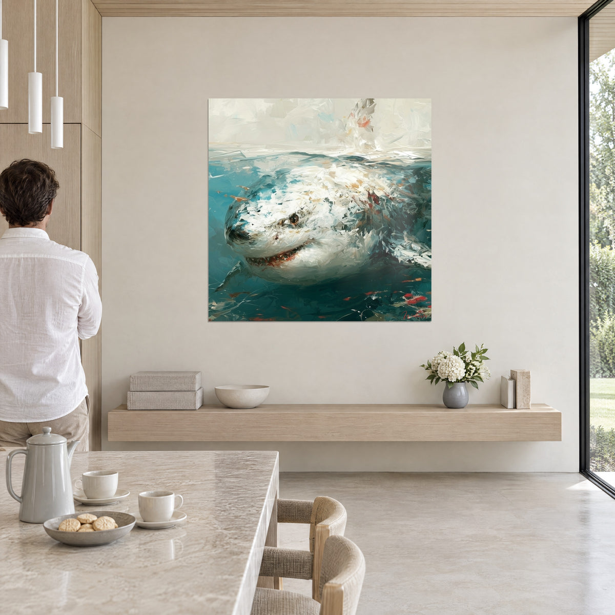 Gemälde Gezackte Kiefer des Hais unter der Gischt, entenblaue und perlmuttweiße Reflexe, ein Mann von hinten betrachtet das Bild in einer offenen Küche