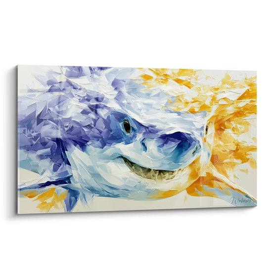Requin au museau bleu pastel et à la crinière dorée, peinture texturée au couteau sur fond clair