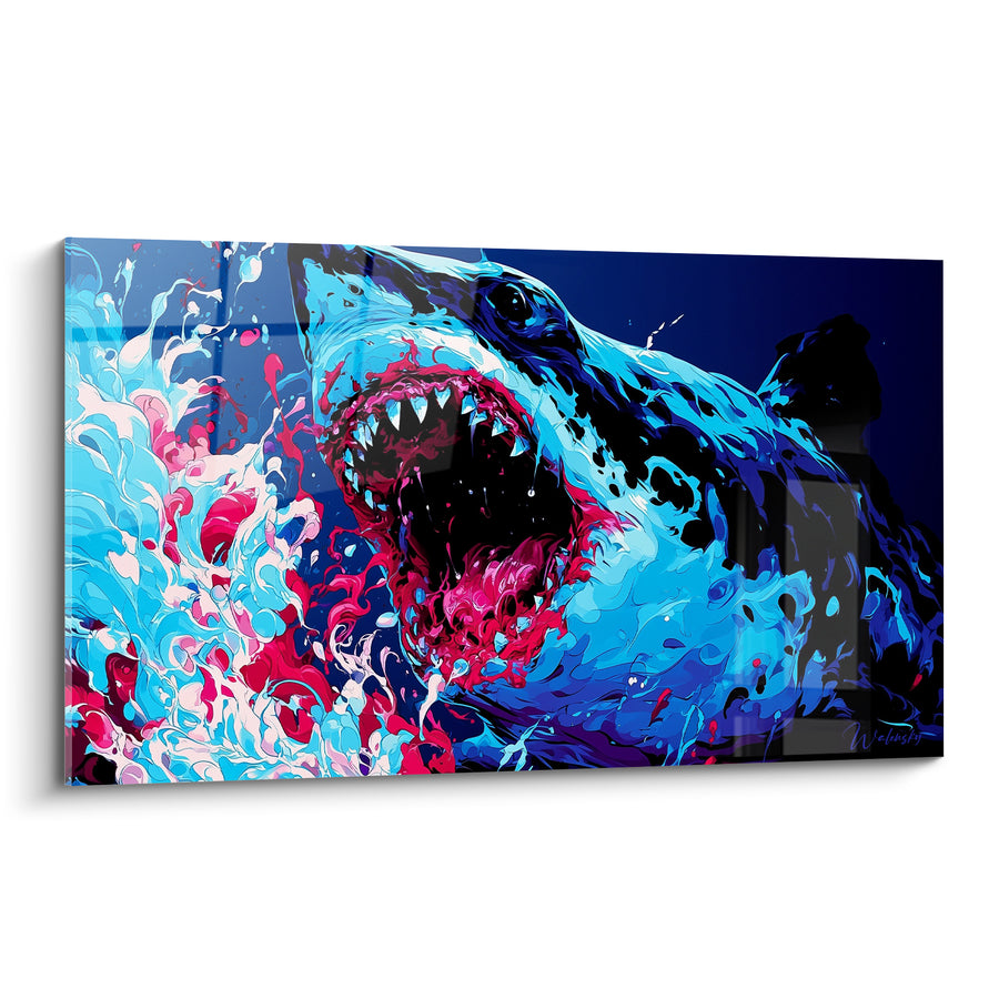 Tableau Requin bleu et rose aux éclaboussures tourbillonnantes - Mâchoire écarlate béante - Edition Requin