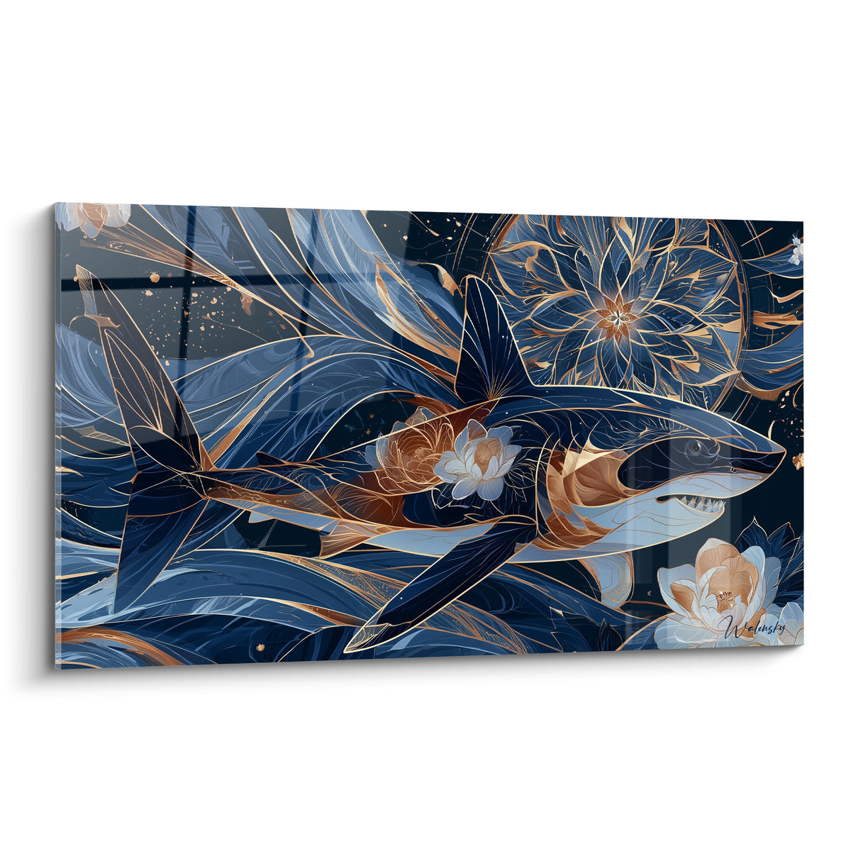 Requin bleu marine et cuivré entouré de fleurs de lotus stylisées sur fond nocturne