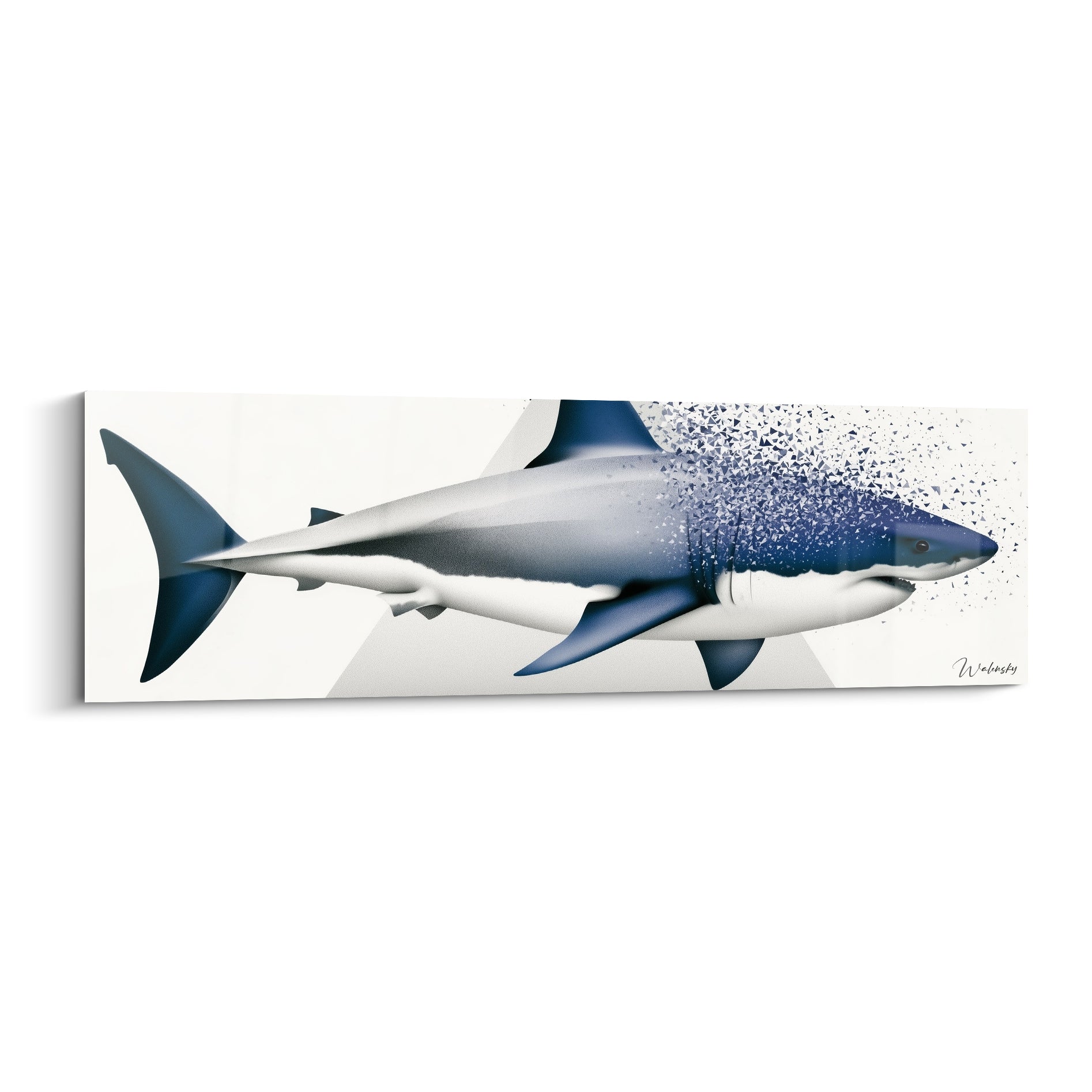 Requin bleu marine et blanc de profil, tête se dispersant en fragments gris sur fond clair