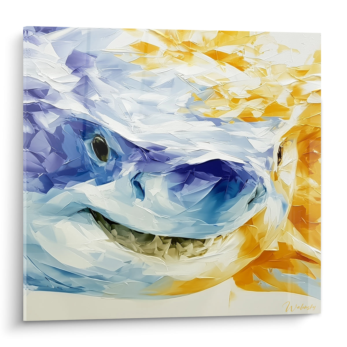Requin peint en empâtements bleu marine et doré, regard sombre et mâchoire entrouverte