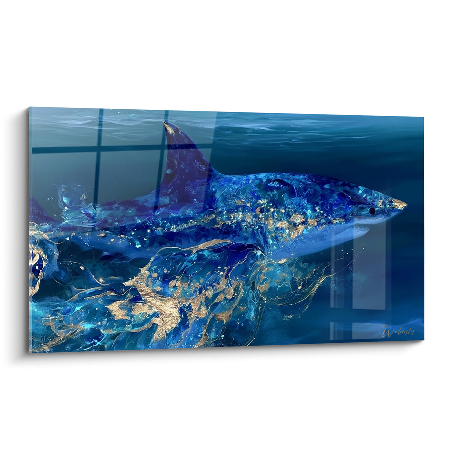 Tableau Requin bleu et doré aux volutes marbrées - Glisse abyssale - Edition Requin
