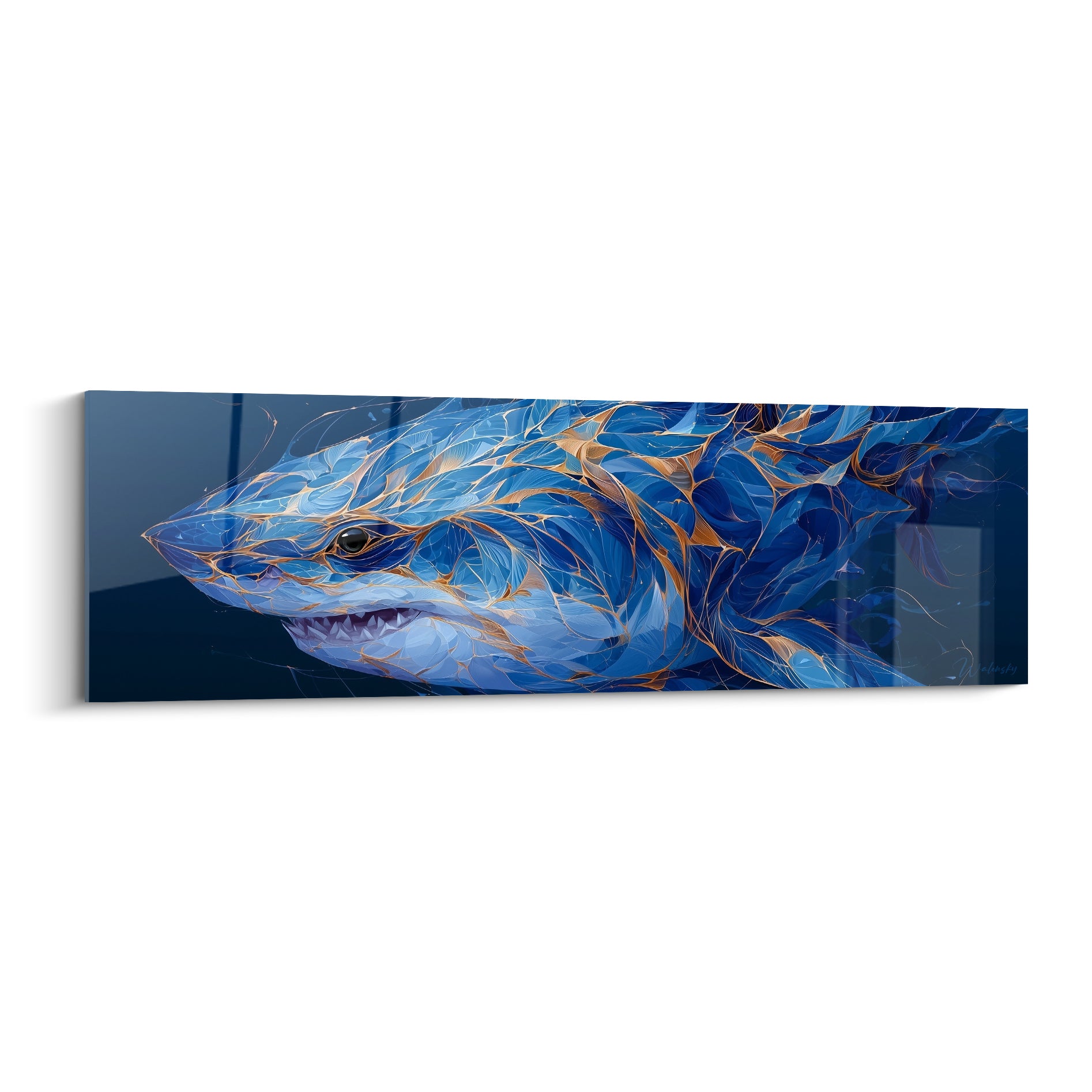 Requin bleu marine et doré, mâchoire entrouverte, texture graphique sur fond anthracite profond