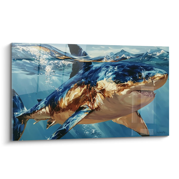 Tableau Requin bleu et doré sous la surface - Approche silencieuse - Edition Requin