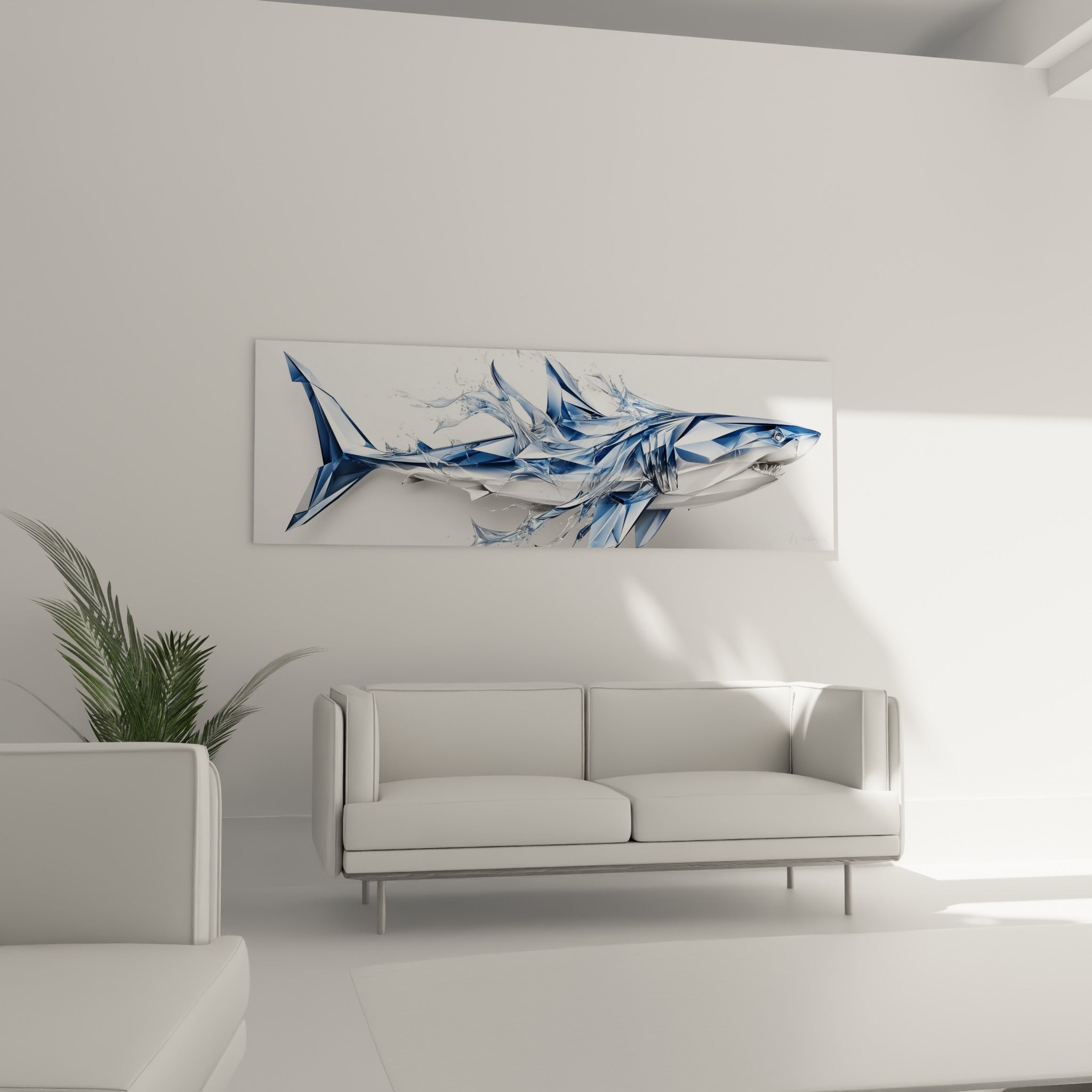 Requin facetté bleu marine et blanc immaculé en pleine éclaboussure, au-dessus d'un canapé dans un salon lumineux