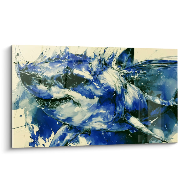 Tableau Requin bleu marine aux éclaboussures ivoire - Surgissement des abysses - Edition Requin