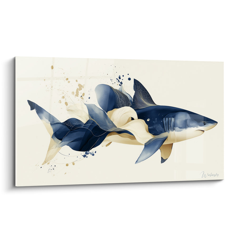 Tableau Requin bleu marine et ivoire aux drapés froissés - Éclaboussures d'encre dorée - Edition Requin
