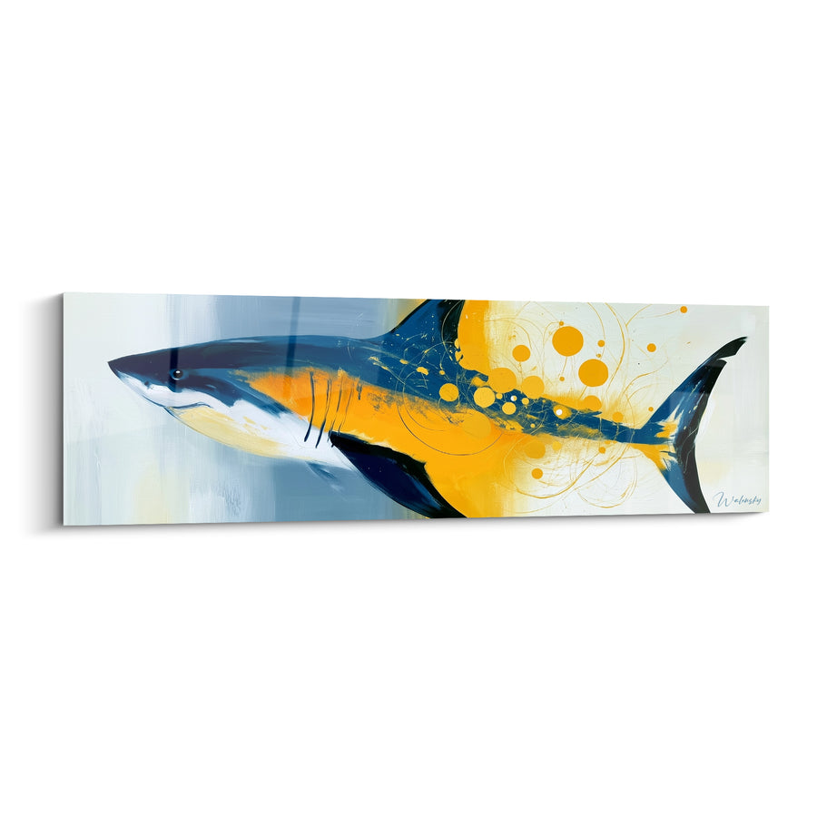 Tableau Requin bleu marine et jaune moutarde éclatant - Traversée dorée - Edition Requin