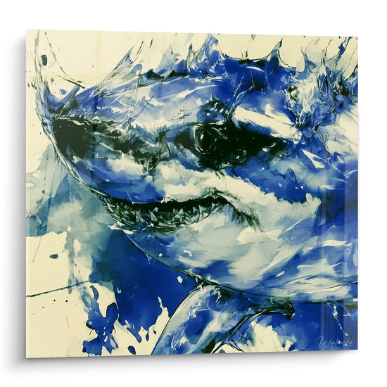 Requin en pleine mâchoire, aquarelle bleu marine et ivoire, gueule entrouverte et œil sombre marqué