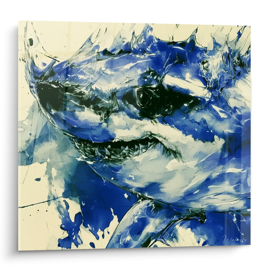Tableau Requin bleu et ivoire à l'aquarelle - Fureur des profondeurs - Edition Requin