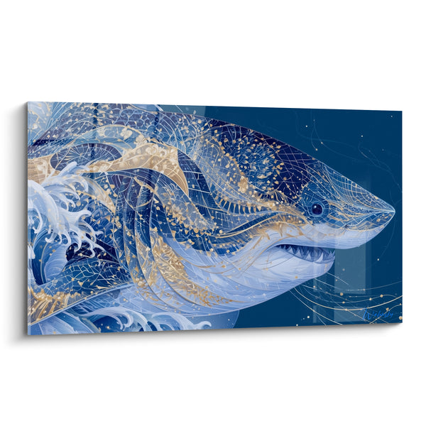 Tableau Requin bleu marine aux motifs dorés - Ornement des profondeurs - Edition Requin