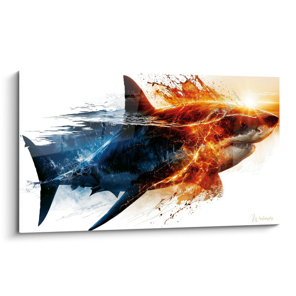 Tableau Requin bleu marine et orange embrasé - Collision des éléments - Edition Requin