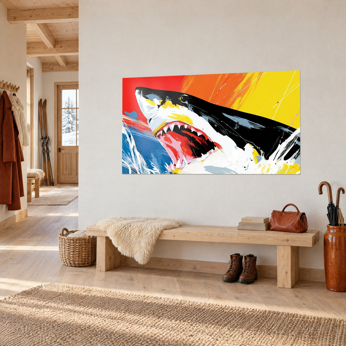 Schilderij zwart-witte haai met scherpe tanden op oranje en blauwe vlakken, crèmekleurige muur van een chalet in driekwartaanzicht