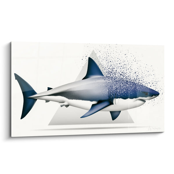 Tableau Requin bleu et blanc se désintégrant en particules - Triangle géométrique en fond - Edition Requin