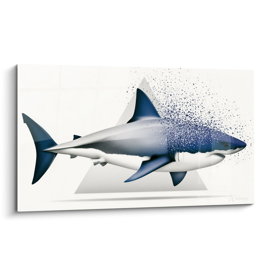 Tableau Requin bleu et blanc se désintégrant en particules - Triangle géométrique en fond - Edition Requin