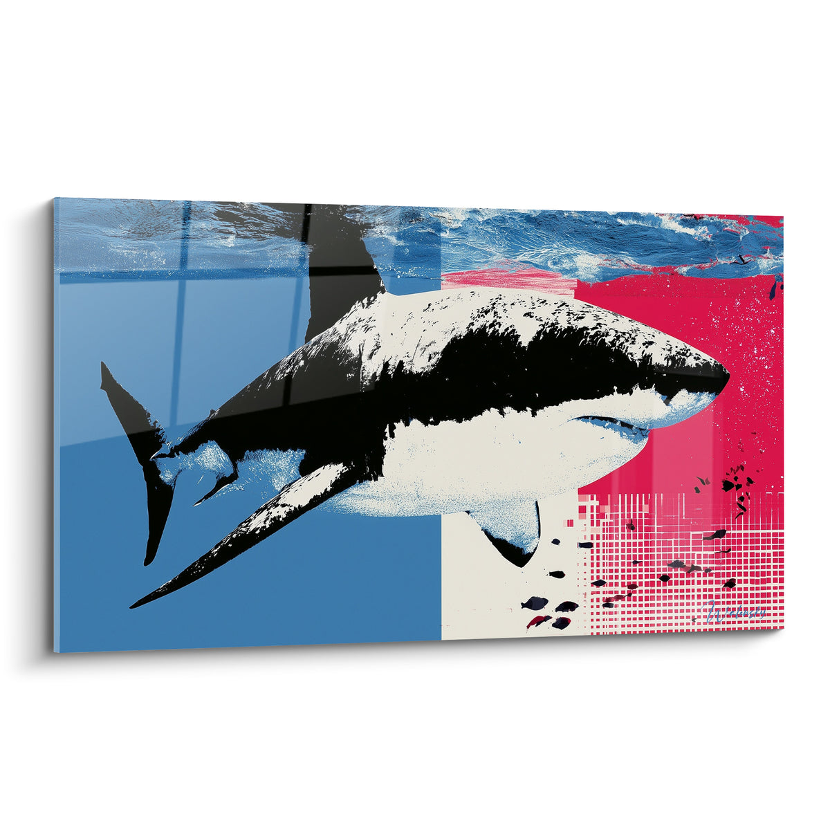 Requin bicolore aux teintes bleu marine et rose fuchsia, nageant en profil graphique intense