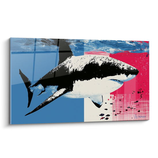 Requin bicolore aux teintes bleu marine et rose fuchsia, nageant en profil graphique intense