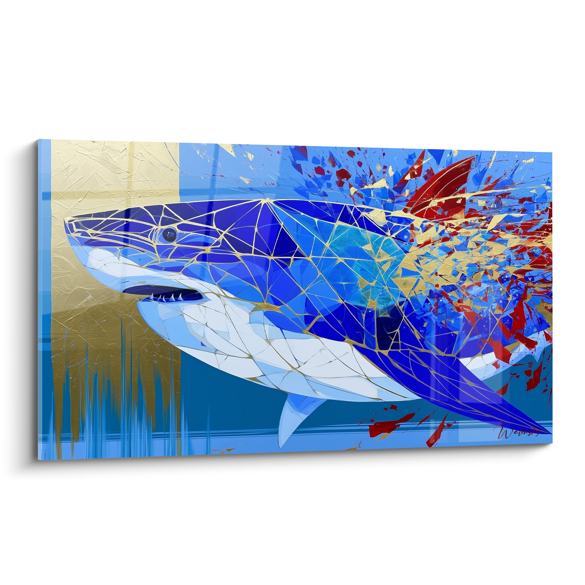 Requin bleu marine et doré, corps fragmenté façon vitrail éclaté rouge et or