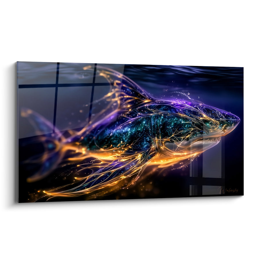 Tableau Requin bleu et doré aux filaments lumineux - Lueur abyssale - Edition Requin