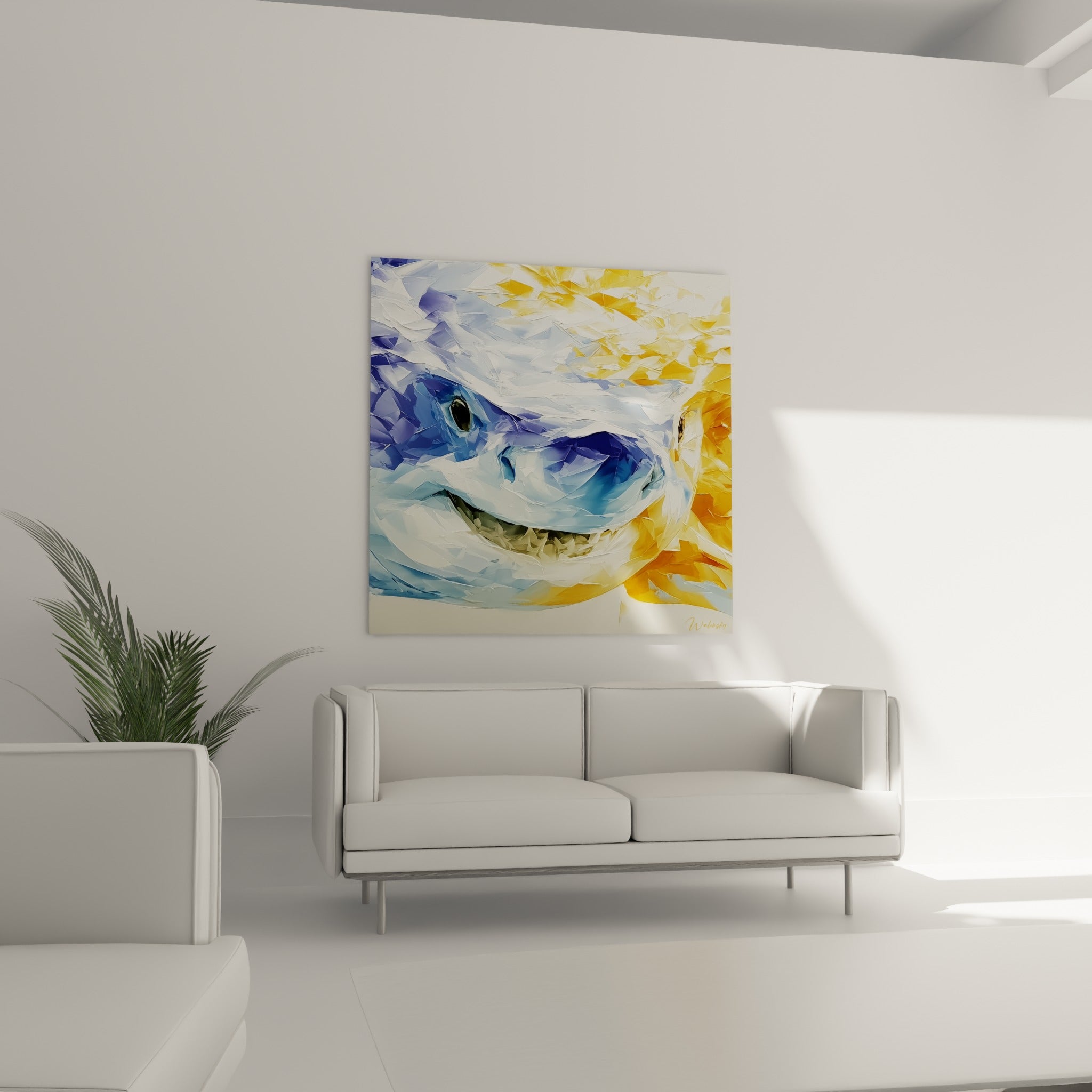 Requin sculpté en touches épaisses bleu pastel et safran, au-dessus d'un canapé dans un salon lumineux