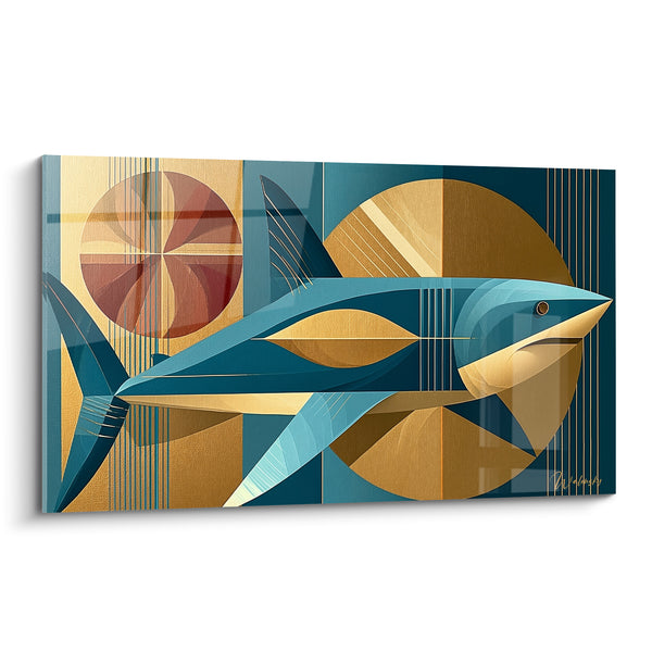 Tableau Requin bleu pétrole et doré géométrique - Symétrie océanique - Edition Requin