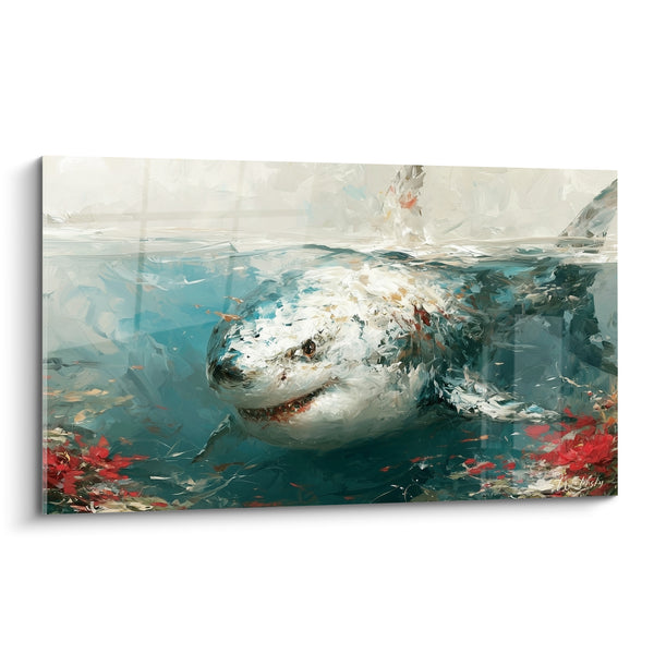 Tableau Requin blanc entre bleu profond et rouge corail - Surface troublée - Edition Requin