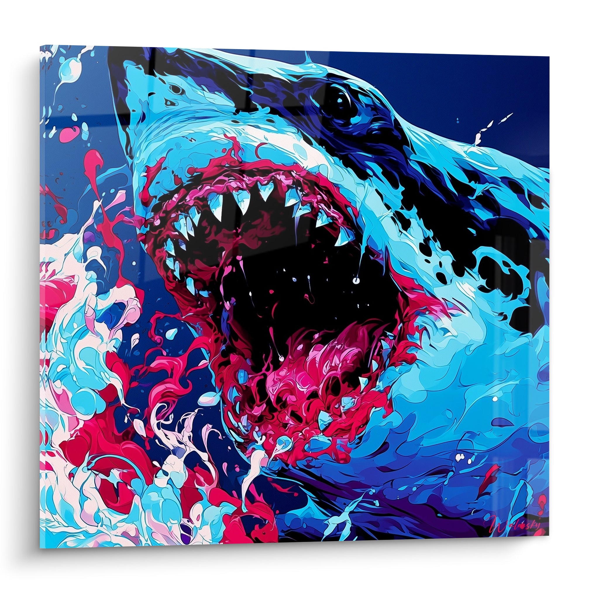 Requin bleu marine et rose fuchsia, gueule ouverte, peinture fluide façon aquarelle