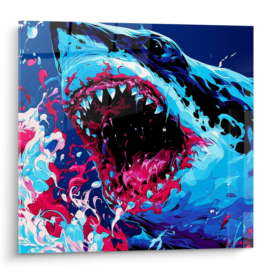 Tableau Requin bleu et rose aux crocs acérés - Mâchoire béante écumante - Edition Requin