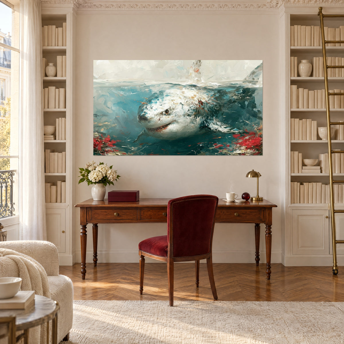 Tableau requin ivoire et turquoise à gros coups de couteau, corail rouge, au-dessus d'un bureau en bois près de la bibliothèque