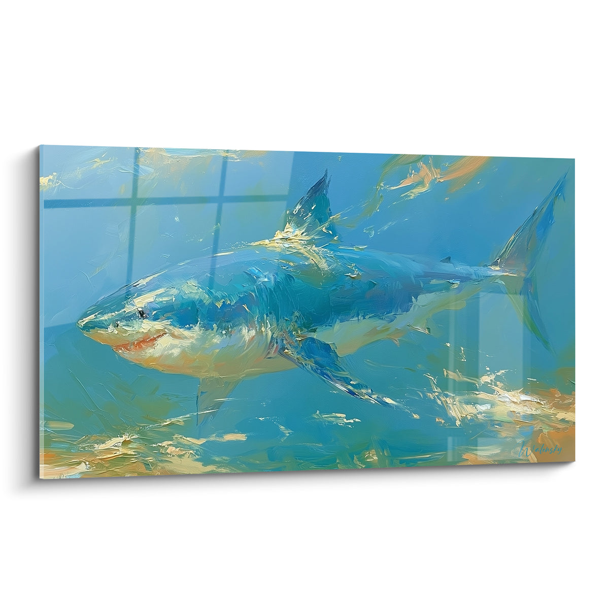Requin bleu turquoise et doré nageant, texture épaisse à la spatule, style expressionniste marin