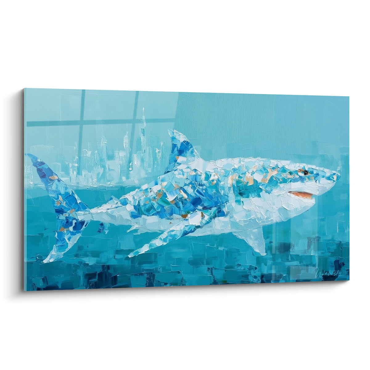 Requin bleu turquoise et blanc nageant, texture peinte au couteau riche en matière